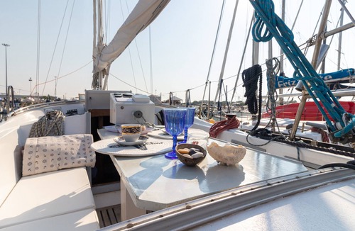 Bisceglie Boat Rental | "Quo Vadis Yacht" in Bisceglie Harbor with Sea View, Private Terrace, and Wi-Fi